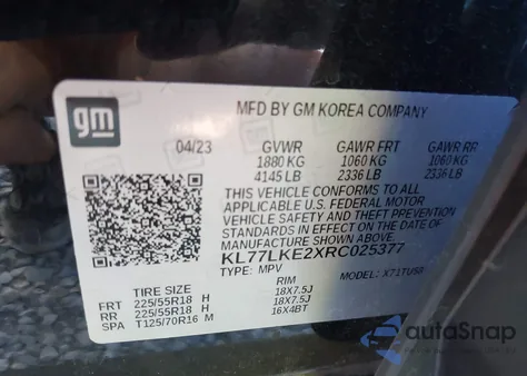 2024 Chevrolet Trax Fwd Activ из США, поврежденный, VIN KL77LKE2XRC025377